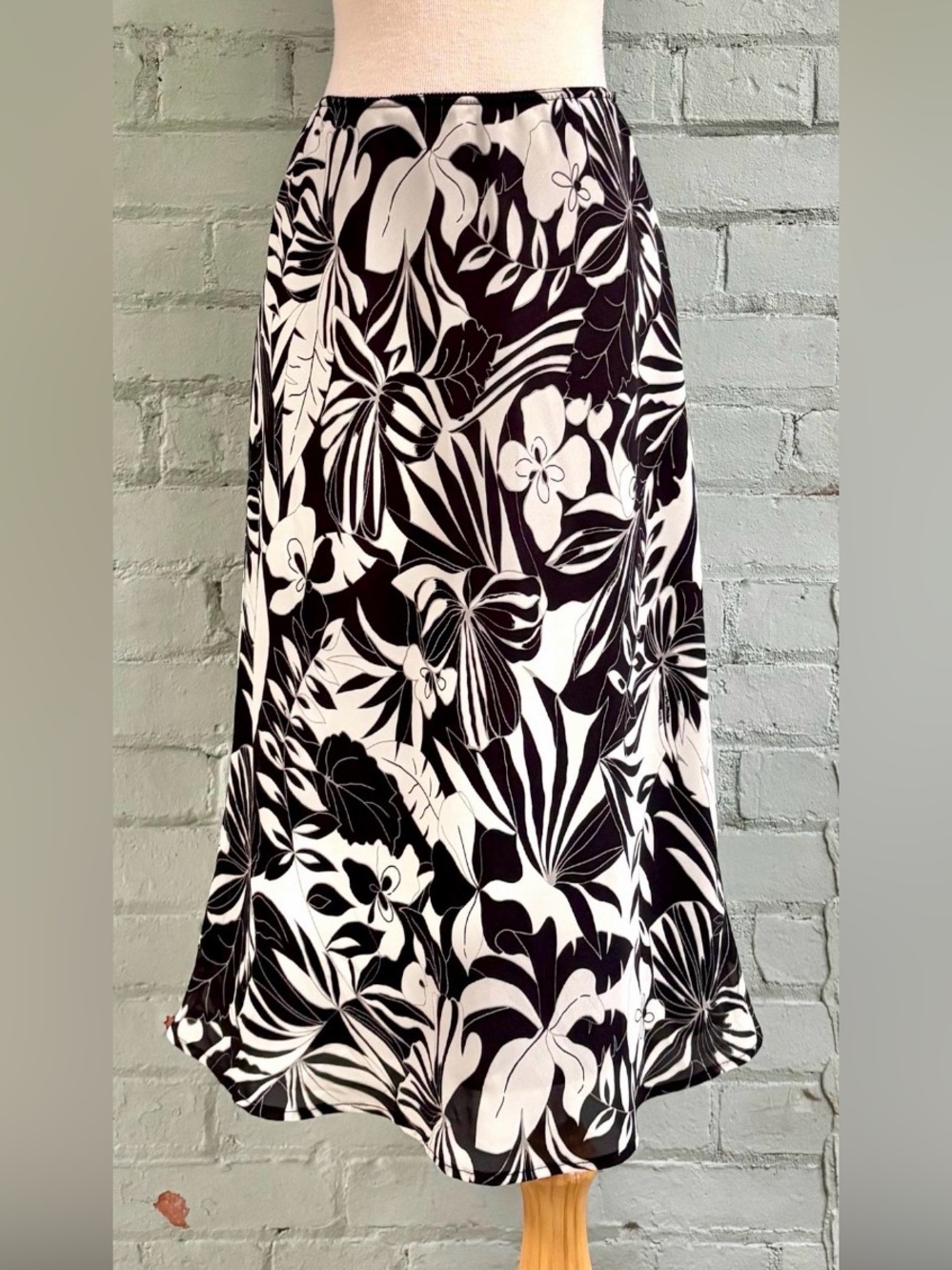 Black & White Floral Bias Cut Midi Skirt